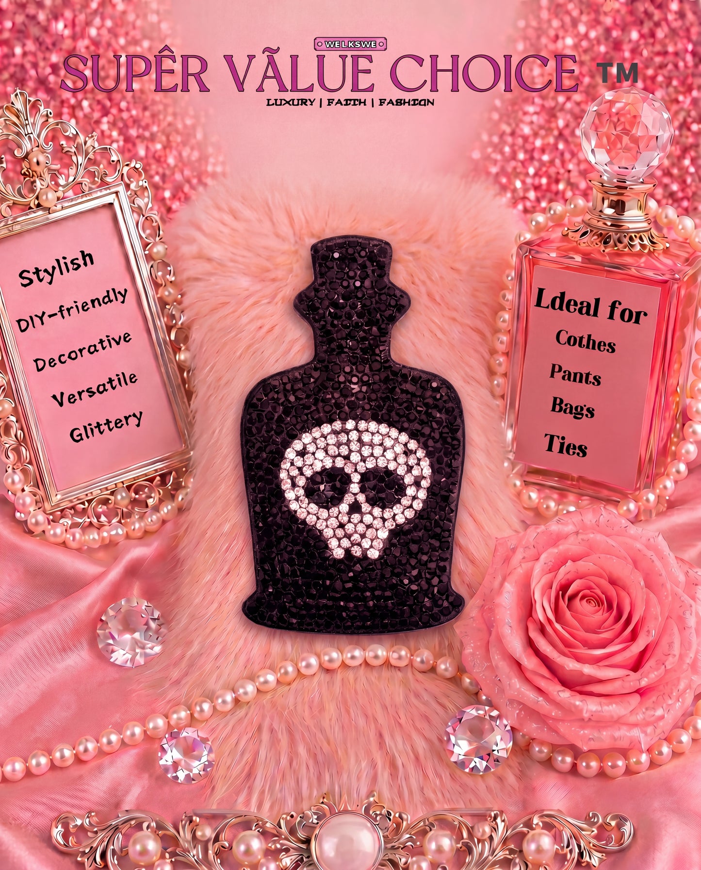 SUPERVALUECHOICE HCSESA00033 Sparkly Black Skull Bottle Rhinestone Keychain & Brooch