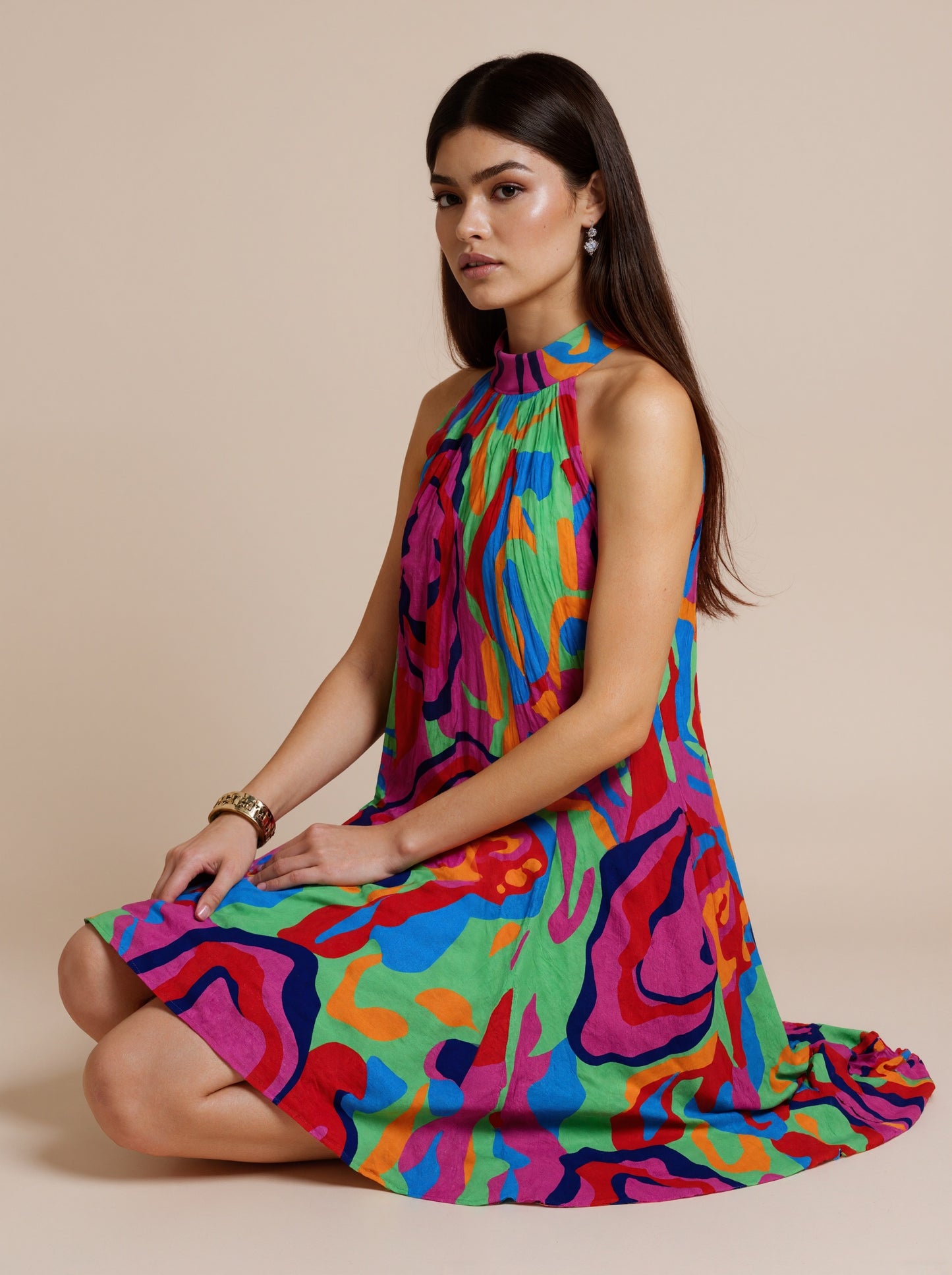 SVCD000101Summer fashion temperament printed sleeveless, off-the-shoulder stand collar fashion pleated dress