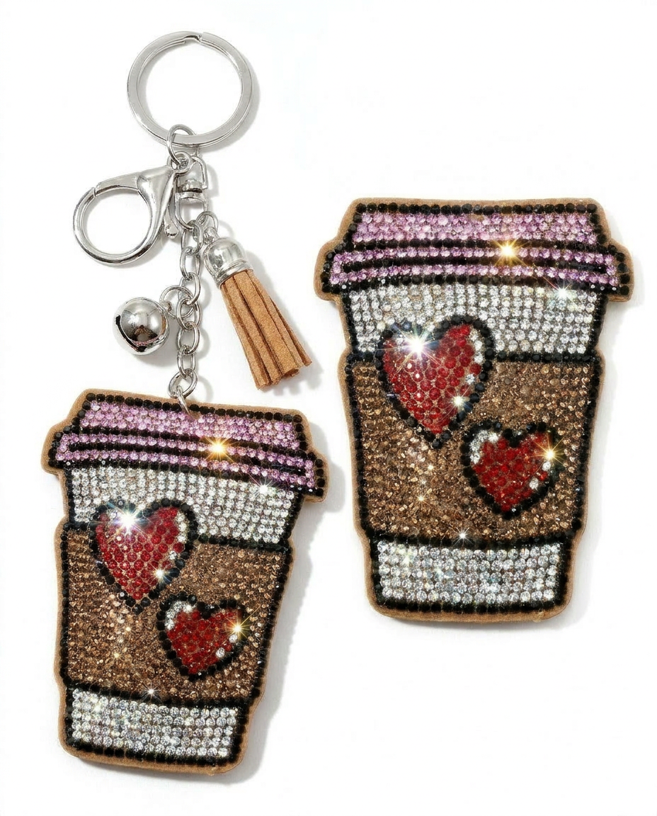 SUPERVALUECHOICE HCSESA00110 Cute Heart Coffee Cup Rhinestone Keychain & Brooch