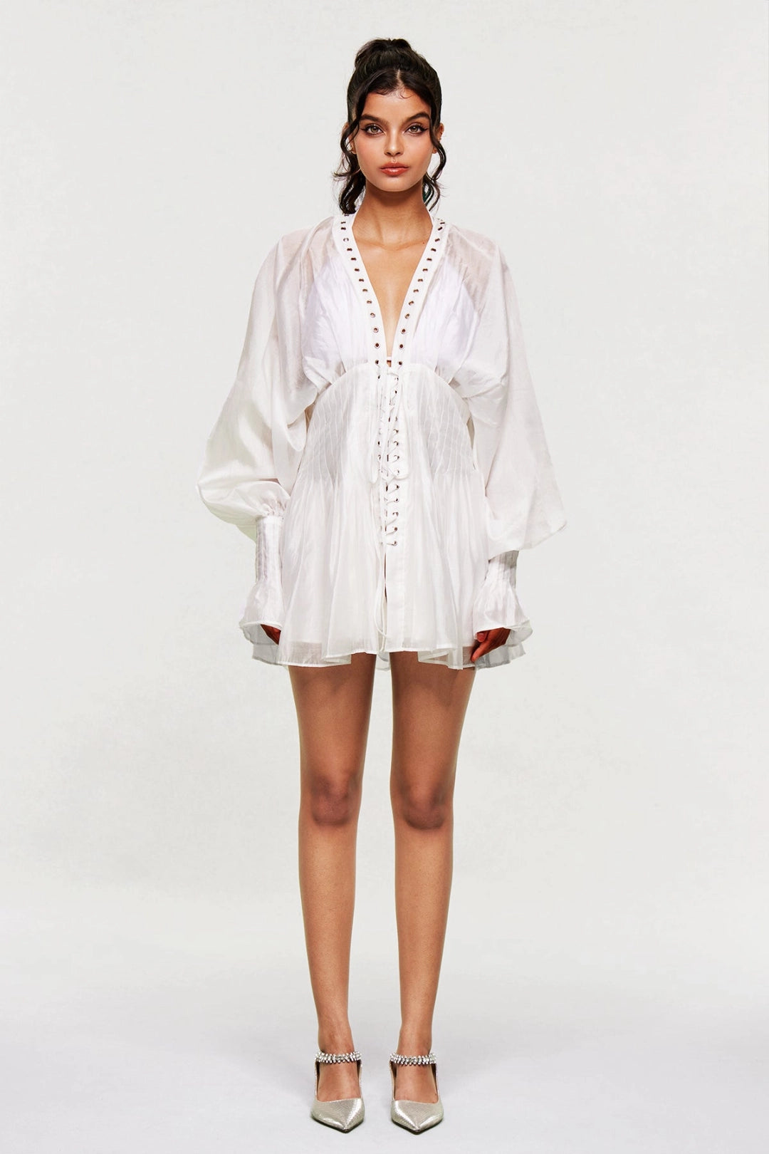 SUPERVALUECHOICE HCSEAA00014 Sheer Lace-Up Corset Mini Dress - Long Sleeve V-Neck Vacation Coverup