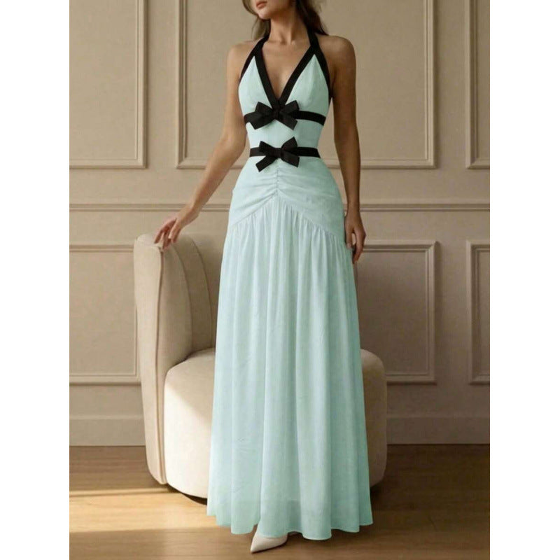 SUPERVALUECHOICE HCSEAA00023 Halter Neck Bow-Contrast Chiffon Maxi Dress