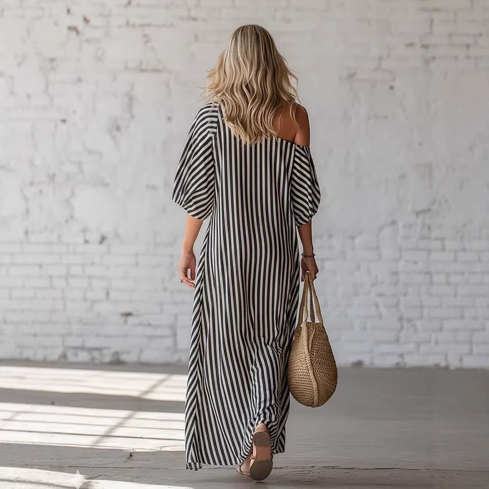 SUPERVALUECHOICE HCSEAA00050 Striped One-Shoulder Puff Sleeve Maxi Dress