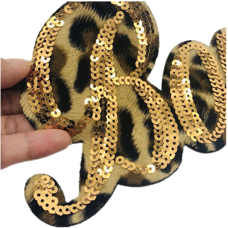 SUPERVALUECHOICE HCSEYC00021 Gold Sequin Leopard Print Bonjour Word Iron On Embroidered Patch Cursive Letter Applique for Jacket Hat Bag Clothing DIY Decor W:12.20inch H:4.33inch