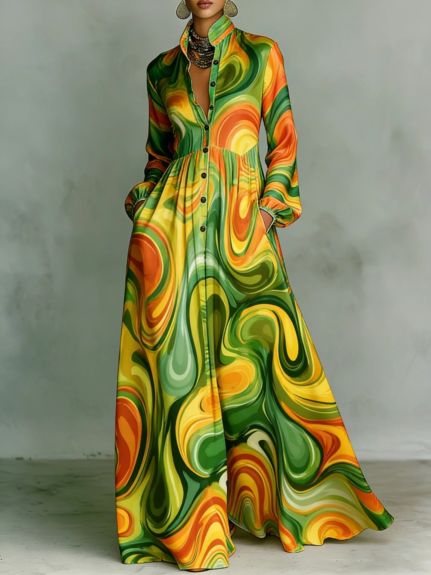SUPERVALUECHOICE HCSEAA00044 Floral Print Stand Collar Long Sleeve Casual Maxi Dress with Pockets