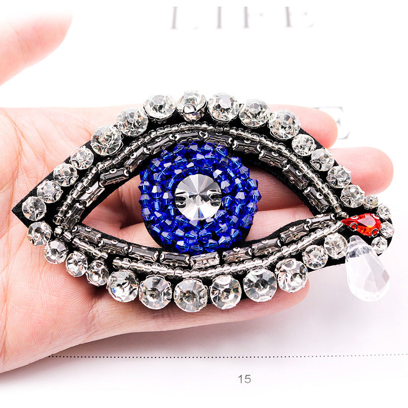 SUPÊR VÃLUE CHOICE HCSEYD00013 Evil Eye Rhinestone Crystal Applique Blue Beaded Eye Shape Sew On Patch with Teardrop Crystal Tassel for Jacket Bag DIY Craft Decor