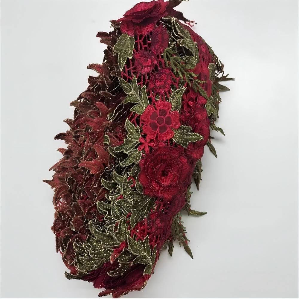 SuperValueChoice HCSEOA00012 Vintage Wine Red 3D Rose Flower Guipure Lace Trim Green Leaf Embroidery Ribbon Sew On Lace Applique for Jeans Wedding Gown Qipao Craft Supply