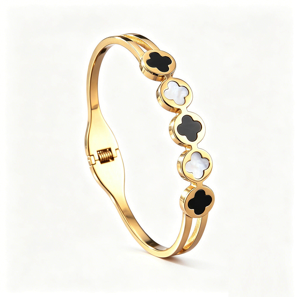 SUPÊR VÃLUE CHOICE HCSEX00030 Black and White Shell Four-Leaf Clover Bracelet