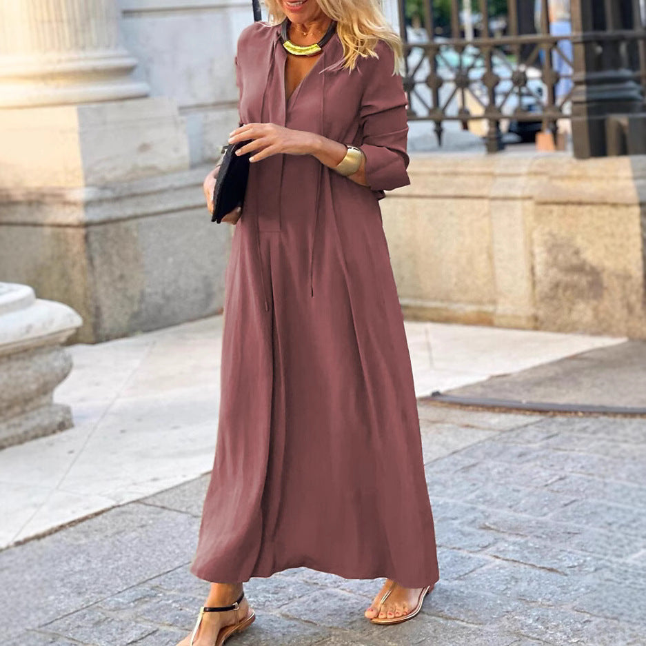 SUPERVALUECHOICE HCSEAA00051 Tie-Neck V-Neck Long Sleeve Maxi Dress