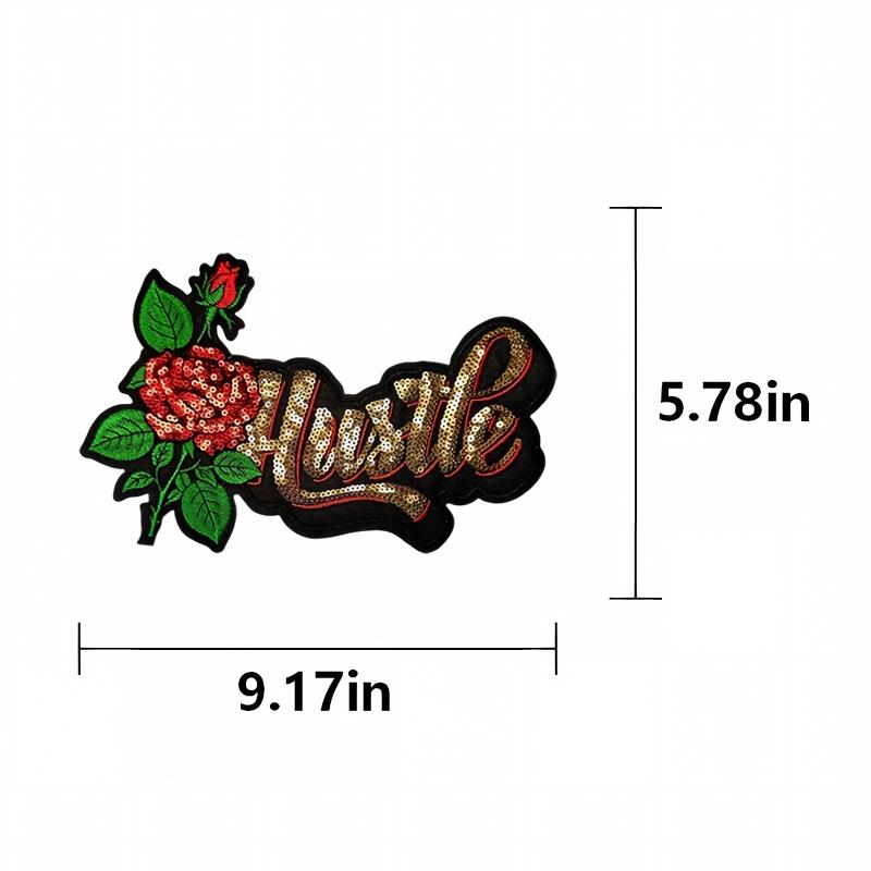SUPERVALUECHOICE HCSEYC00020 Pre-Order Large Size Rose Sequin Embroidered Iron On Patch Motivational Floral Letter Applique for Denim Jacket Backpack Streetwear Decor