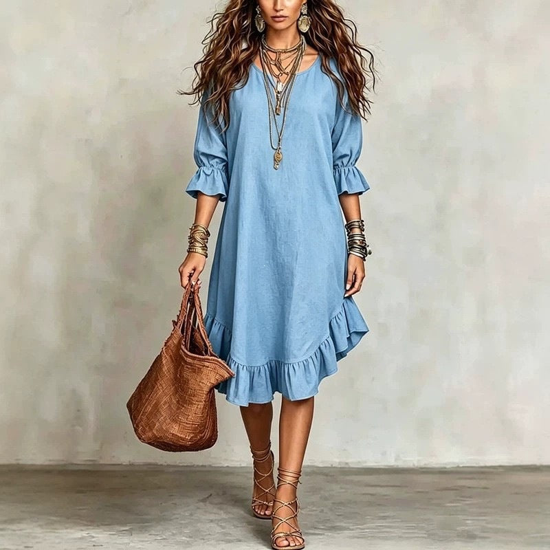 SUPERVALUECHOICE HCSEAA00048 Boho Ruffled Hem Three-Quarter Sleeve Midi Dress