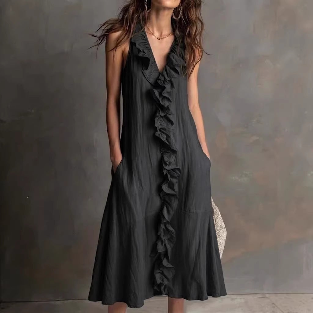 SUPERVALUECHOICE HCSEAA00047 Women's Fashion Solid-Color Sleeveless Cotton-Linen V-Neck Flared Dress with Ruffles