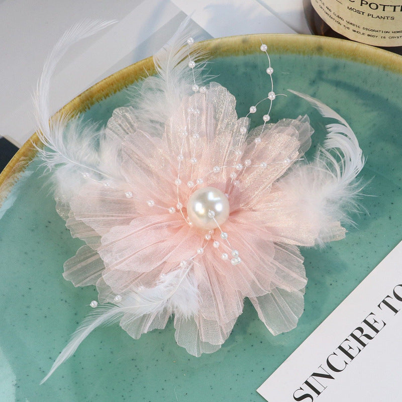 SUPÊR VÃLUE CHOICE HCSEYG00007 3D Organza Fabric Flower Applique Feather Pearl Rhinestone Floral Patch Sew On Embellishment for Wedding Dress Costume Qipao DIY Craft Decor 3.14"×3.14"