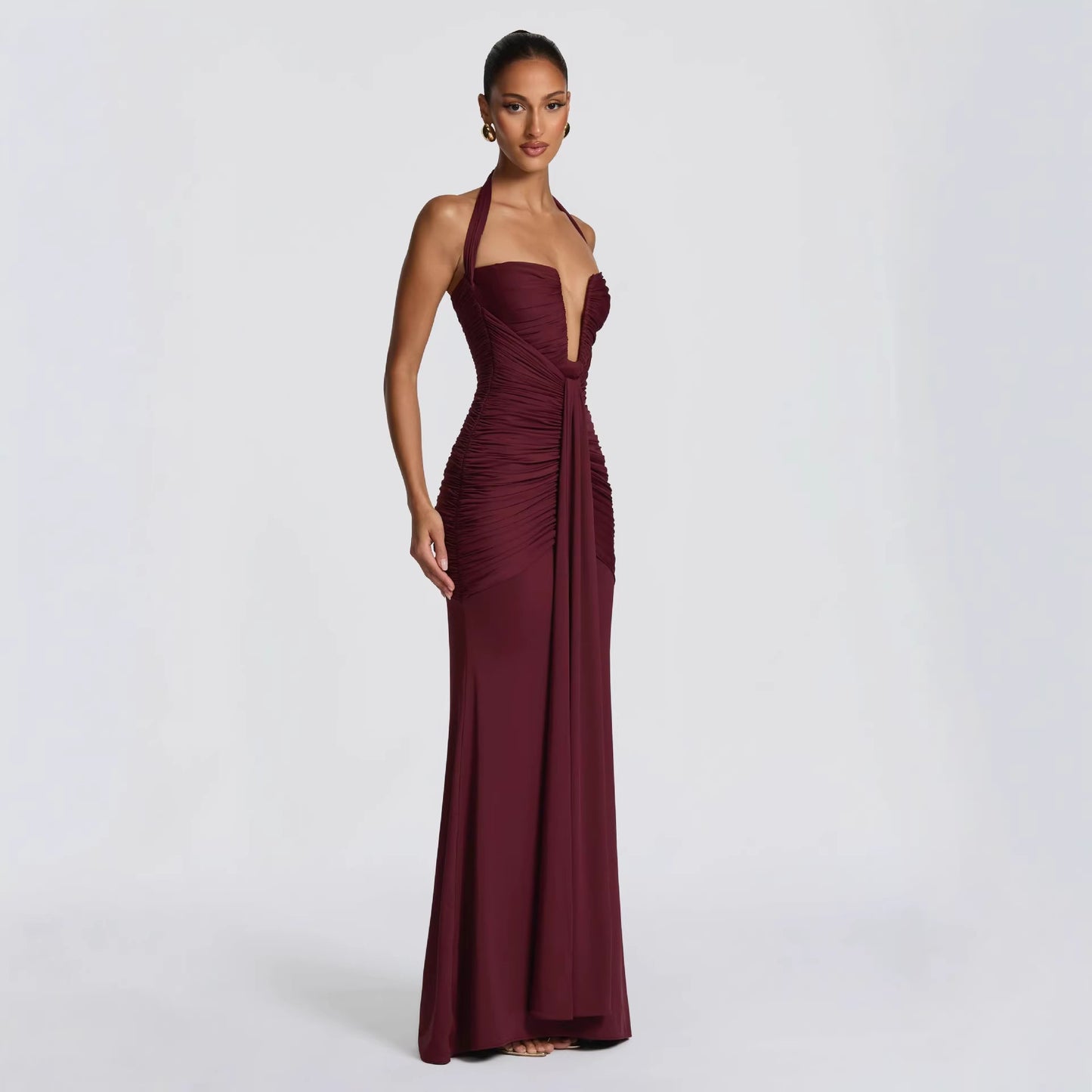 SUPERVALUECHOICE HCSEAB00004 Halter Neck Plunge Ruched Mermaid Maxi Dress - Formal Evening Gown