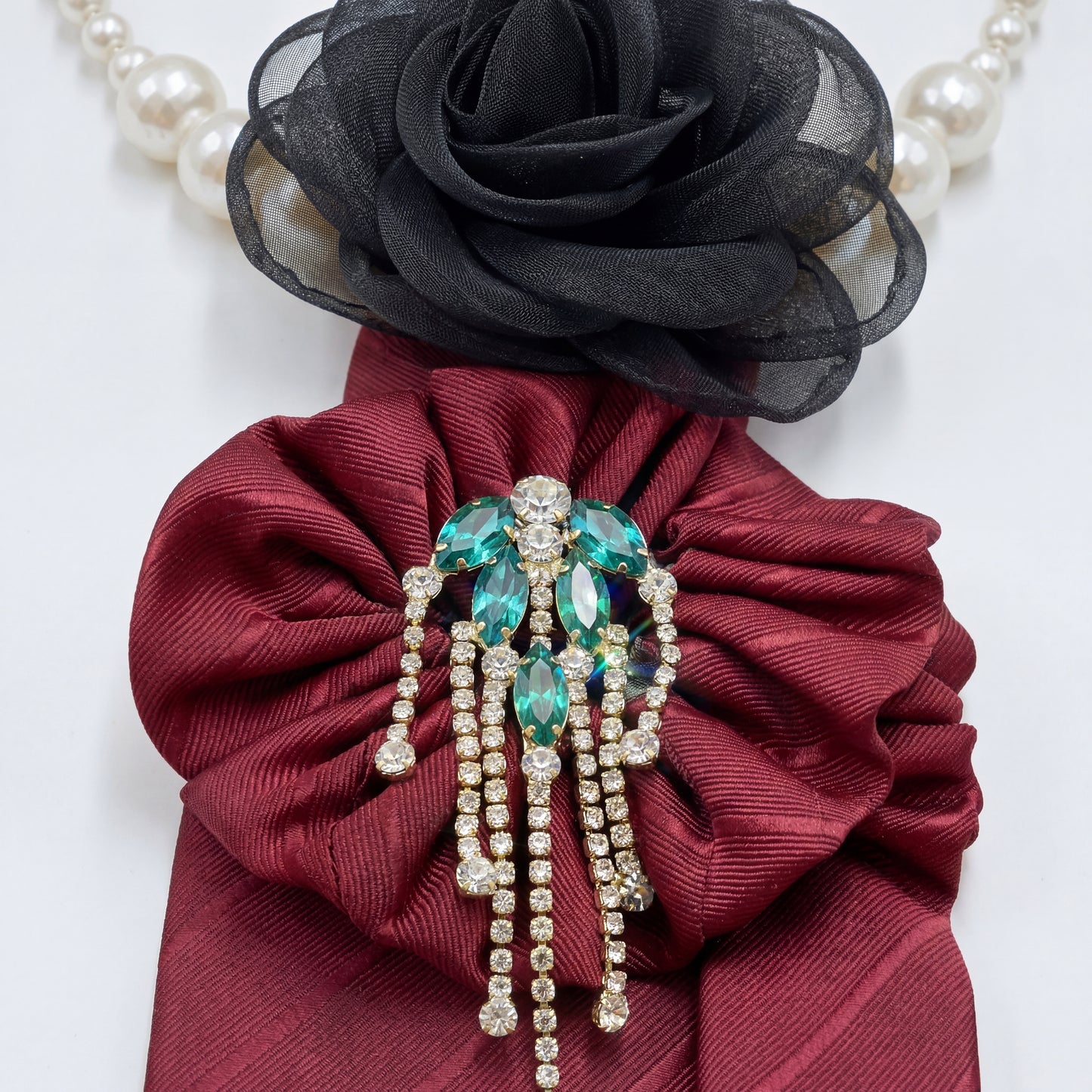 SUPÊR VÃLUE CHOICE #HCSEZ0006 Red Satin Statement Tie with Butterfly Brooch | Pearl Collar Embellished Tie | Elegant Women's Neck Tie Accessory