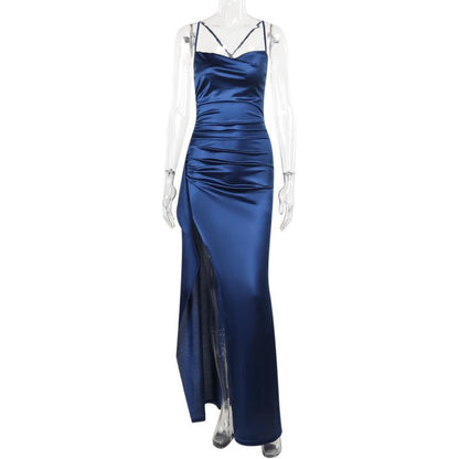 SVCD000053 Sexy, form-fitting, pleated and slit satin dress for a socialite