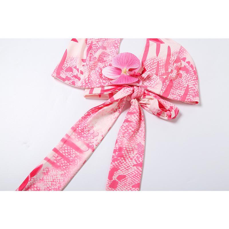 SVCD000043 Women's sexy pearl chain halter top and printed skirt set