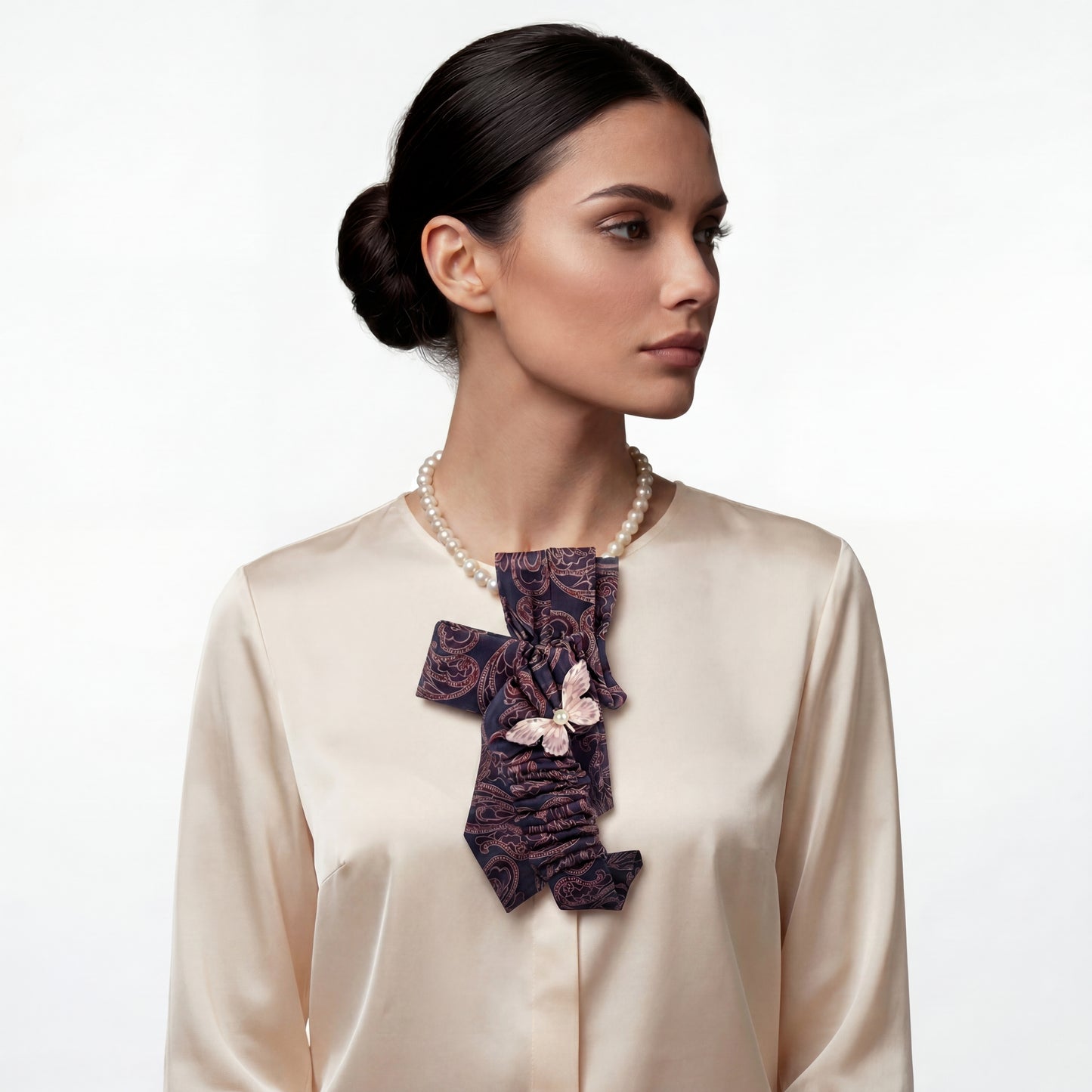 SUPÊR VÃLUE CHOICE #HCSEZ0002 Purple Satin Statement Tie with Butterfly Brooch | Pearl Collar Embellished Tie | Elegant Women's Neck Tie Accessory