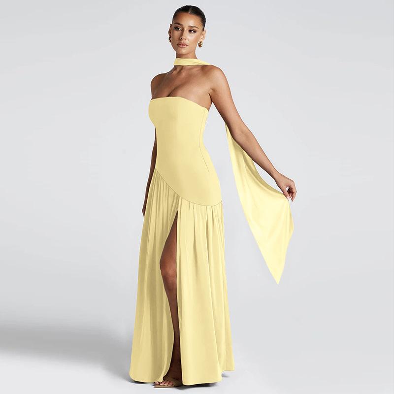 SVCD000037 Sexy and elegant solid-color side-slit strapless dress with a scarf collar