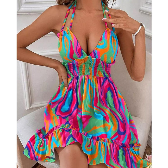SVCD000076 Deep V-neck string-through halter top with black ear trim and parallel ruffled backless sexy dress