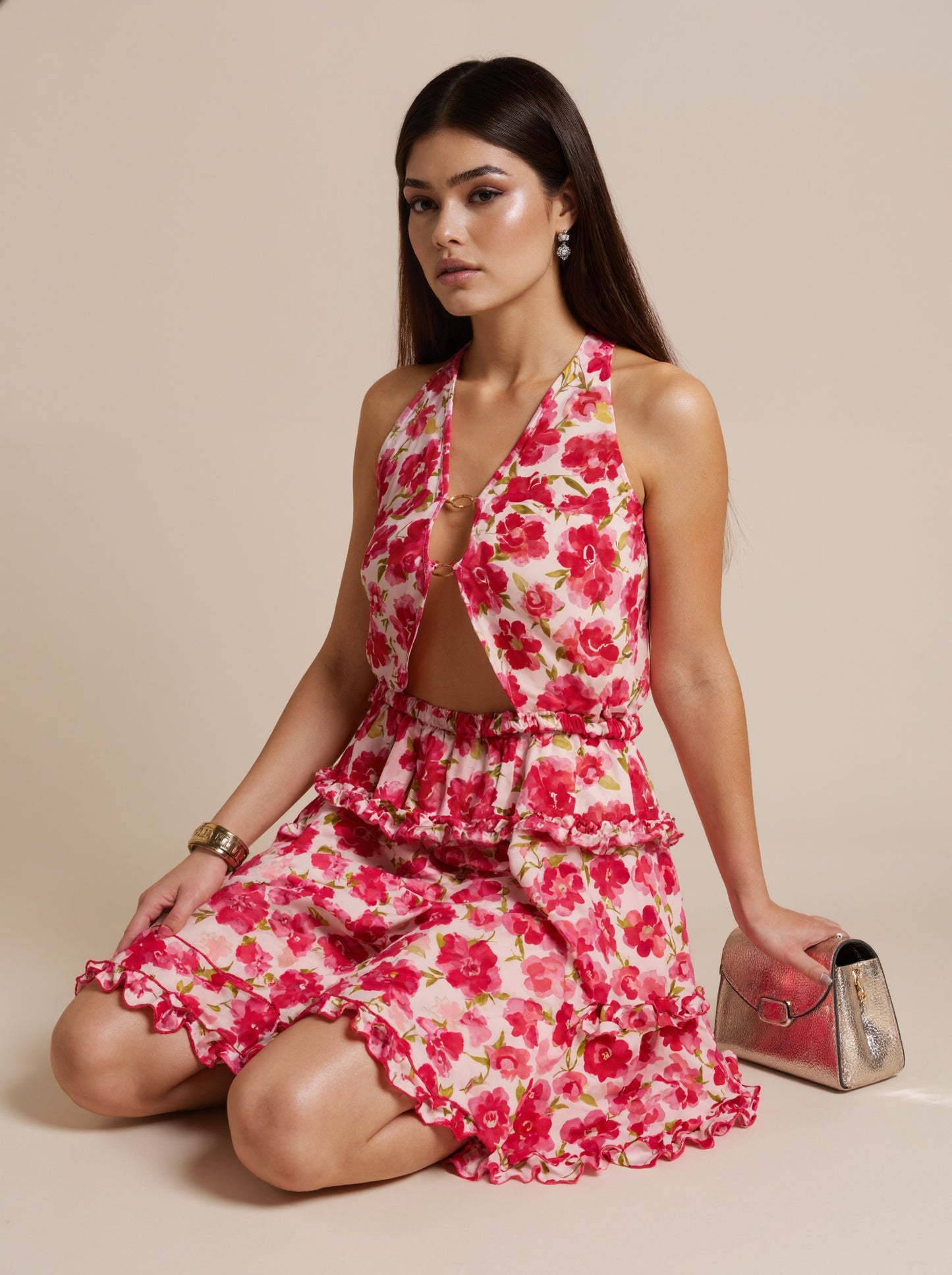 SVCD000128 Summer fashion hollowed-out strap V-neck style halter print dress