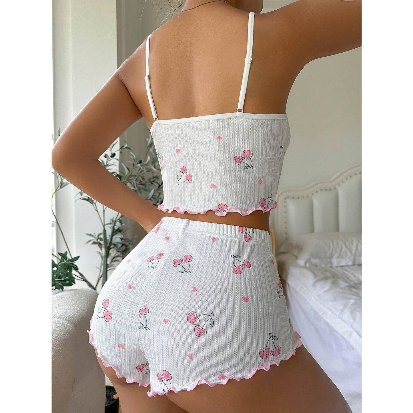 SVCP000091 Spaghetti-strap elastic shorts pajamas women's set jacquard printed women's home wear