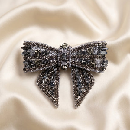 SUPERVALUECHOICE CHRISTMAS HCSEYD00043 Handmade Rhinestone Pearl Bow Applique, Sew On Bow Patch for Christmas Outfit, Formal Dress, Costume & Holiday Garment Embellishment