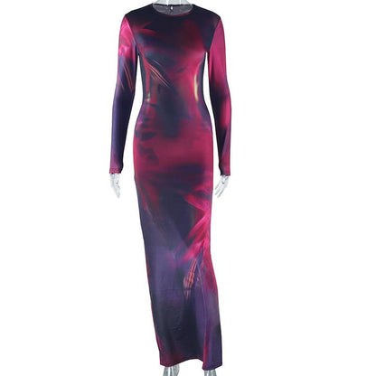 SVCD000009 Women's elegant printed long-sleeved, slim-fitting and sexy one-step dress with a slit and round neck