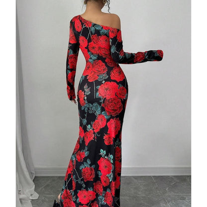 SVCD000035 Elegant rose slit figure-hugging dress, fashionable and sexy printed slimming long dress