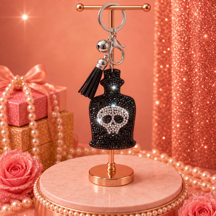 SUPERVALUECHOICE HCSESA00033 Sparkly Black Skull Bottle Rhinestone Keychain & Brooch
