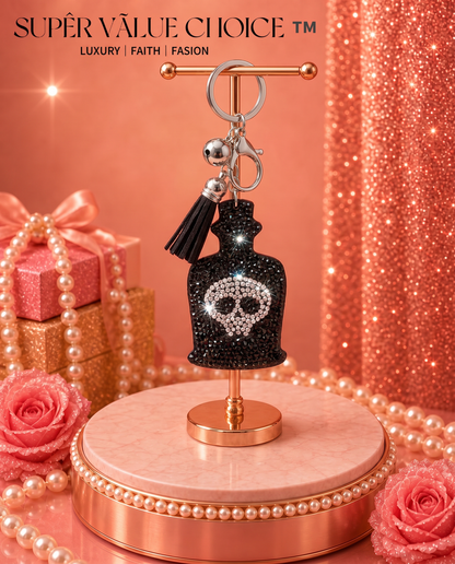 SUPERVALUECHOICE HCSESA00033 Sparkly Black Skull Bottle Rhinestone Keychain & Brooch