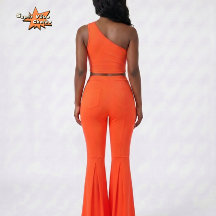 SUPERVALUECHOICE HCSEBB00001 One-Shoulder Crop Top & Flare Pants Two-Piece Set