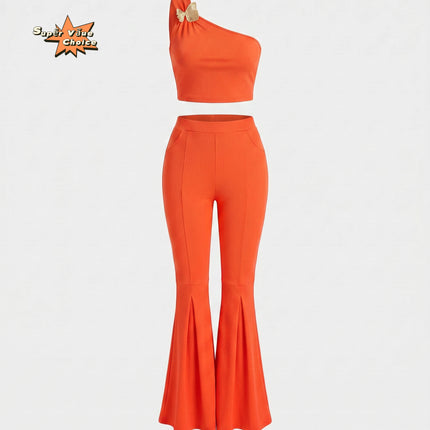 SUPERVALUECHOICE HCSEBB00001 One-Shoulder Crop Top & Flare Pants Two-Piece Set