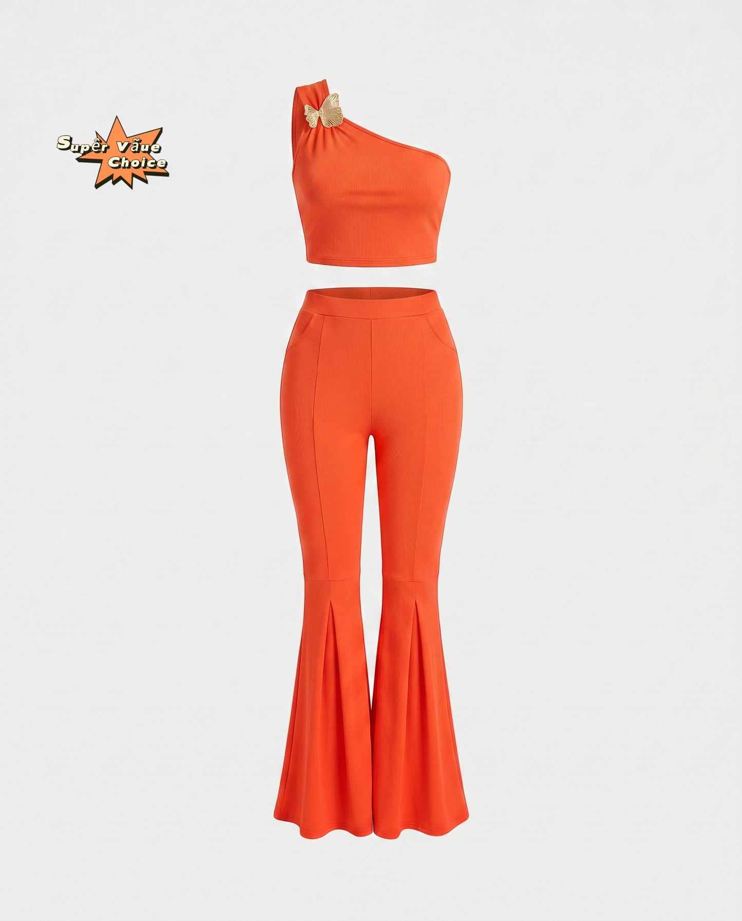 SUPERVALUECHOICE HCSEBB00001 One-Shoulder Crop Top & Flare Pants Two-Piece Set