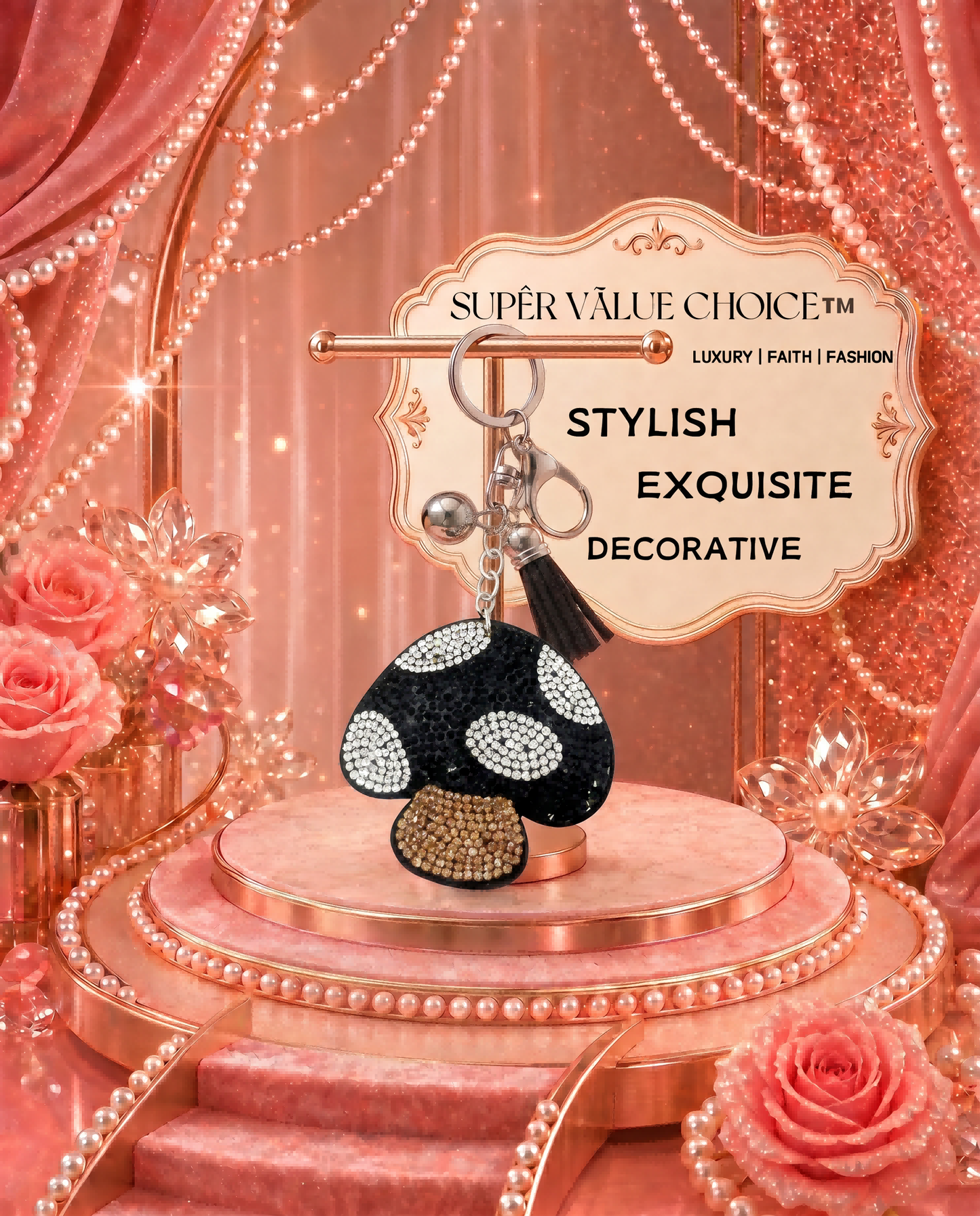 SUPERVALUECHOICE HCSESA00032 Bling Mushroom Brooch Pin & Keyring with Tassel