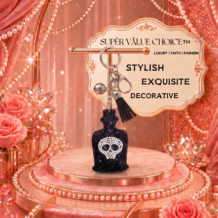 SUPERVALUECHOICE HCSESA00033 Sparkly Black Skull Bottle Rhinestone Keychain & Brooch