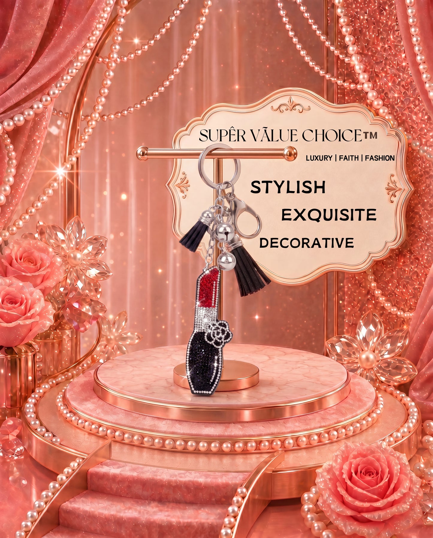 SUPERVALUECHOICE HCSESA00034 Rhinestone Lipstick Keychain & Brooch Sparkly Accessory
