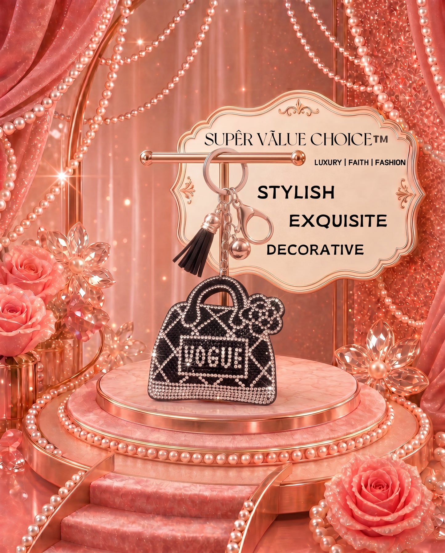 SUPERVALUECHOICE HCSESA00031 Sparkly Black Handbag Rhinestone Keychain&Brooch