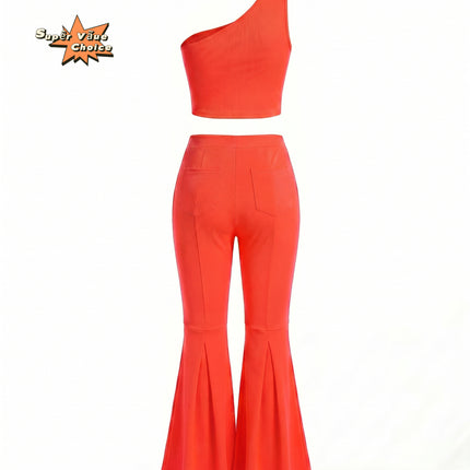 SUPERVALUECHOICE HCSEBB00001 One-Shoulder Crop Top & Flare Pants Two-Piece Set