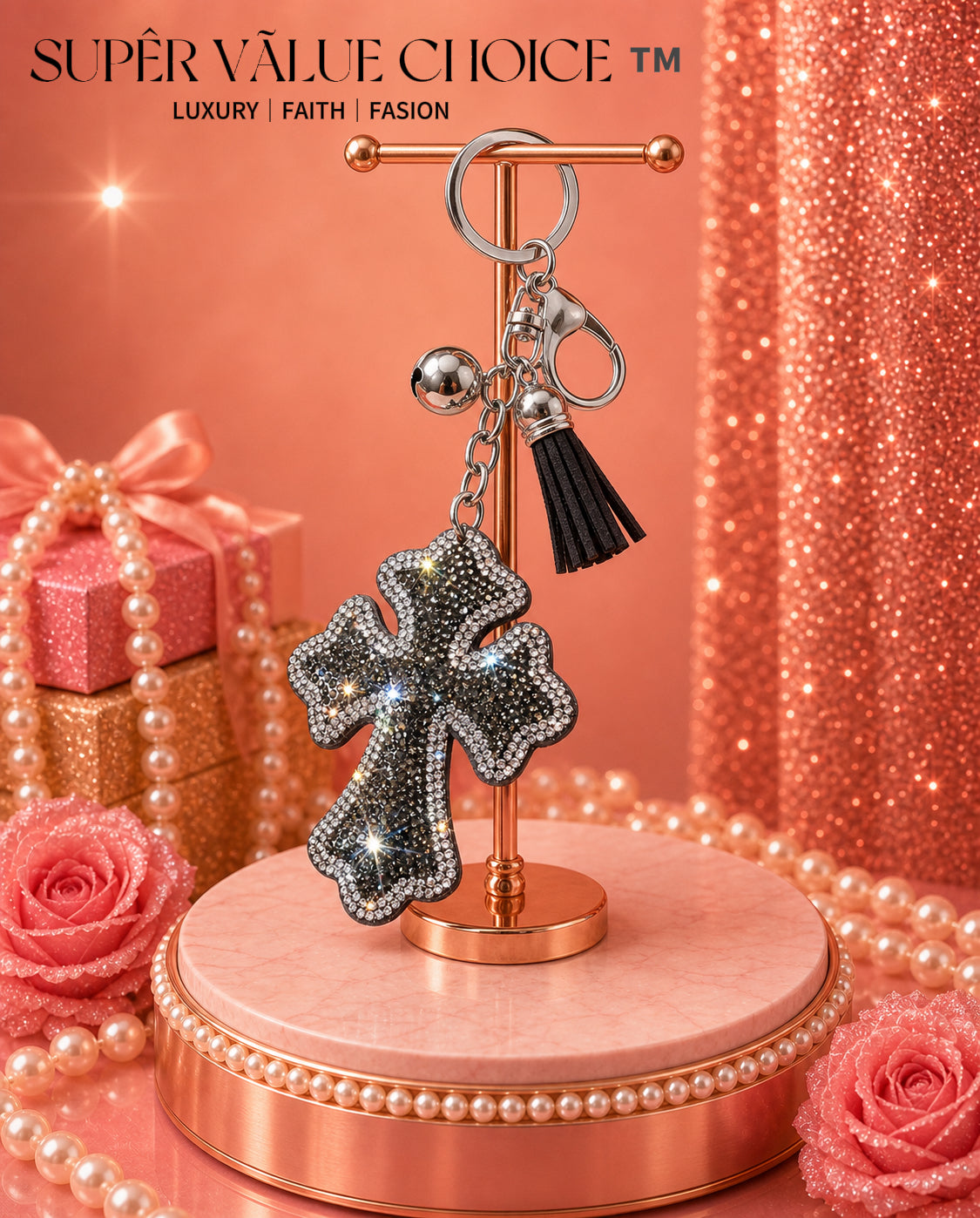 SUPERVALUECHOICE HCSESA00024 Rhinestone Cross Keychain & Brooch