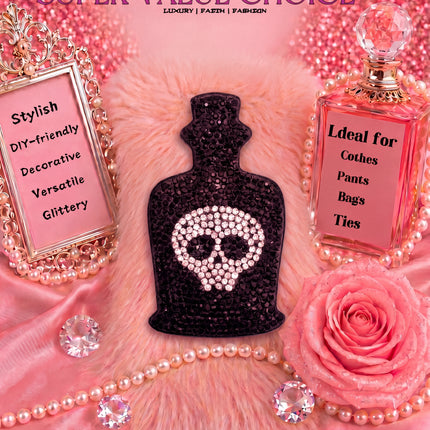 SUPERVALUECHOICE HCSESA00033 Sparkly Black Skull Bottle Rhinestone Keychain & Brooch