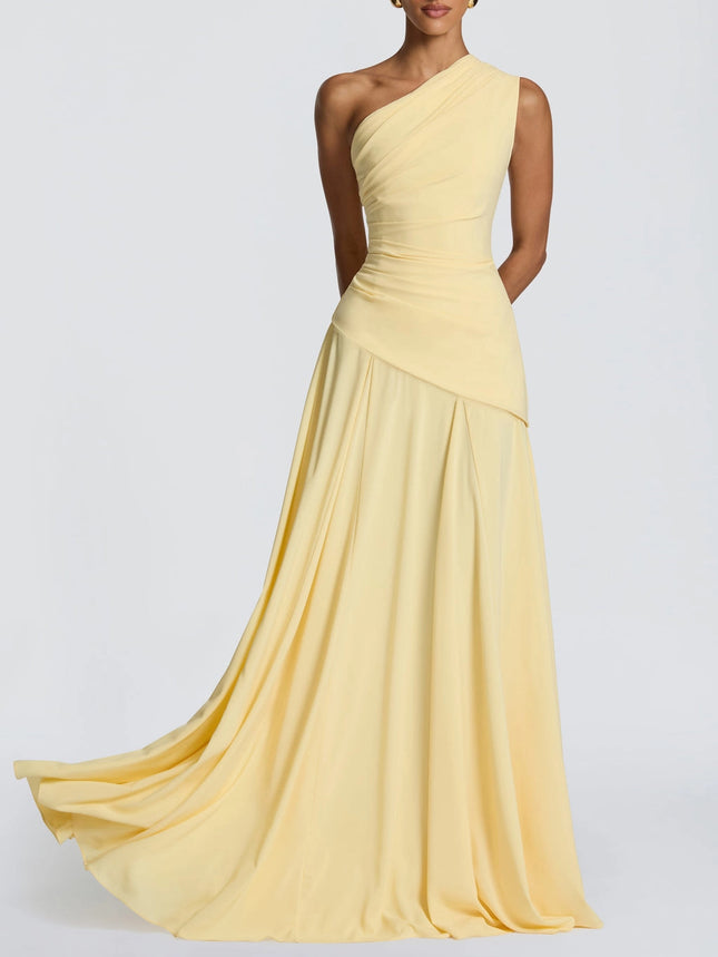 SUPERVALUECHOICE HCSEAA00071 Elegant One-Shoulder Ruched Chiffon Tie-Waist Maxi Dress