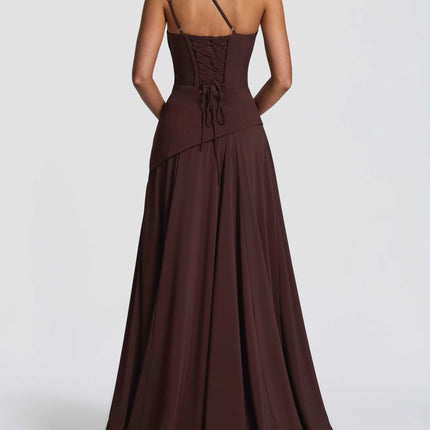 SUPERVALUECHOICE HCSEAA00071 Elegant One-Shoulder Ruched Chiffon Tie-Waist Maxi Dress
