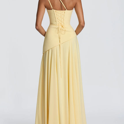 SUPERVALUECHOICE HCSEAA00071 Elegant One-Shoulder Ruched Chiffon Tie-Waist Maxi Dress