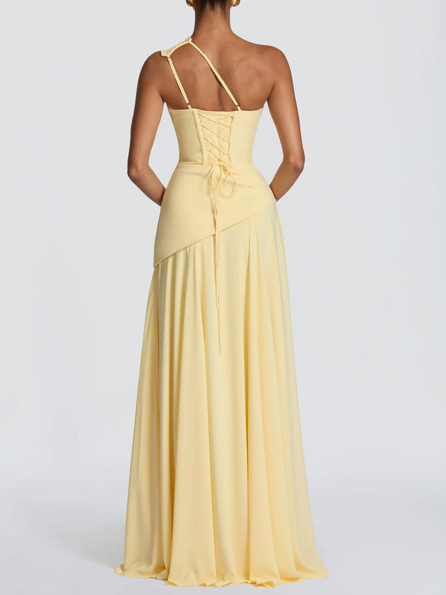 SUPERVALUECHOICE HCSEAA00071 Elegant One-Shoulder Ruched Chiffon Tie-Waist Maxi Dress