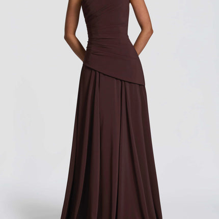 SUPERVALUECHOICE HCSEAA00071 Elegant One-Shoulder Ruched Chiffon Tie-Waist Maxi Dress