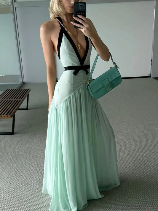 SUPERVALUECHOICE HCSEAA00022 Elegant V-neck Bow Chiffon Flowing Maxi Dress