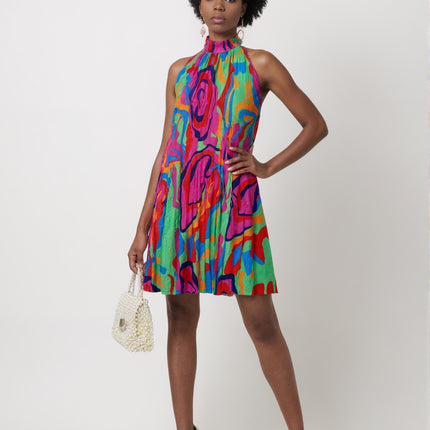 SVCD000101Summer fashion temperament printed sleeveless, off-the-shoulder stand collar fashion pleated dress