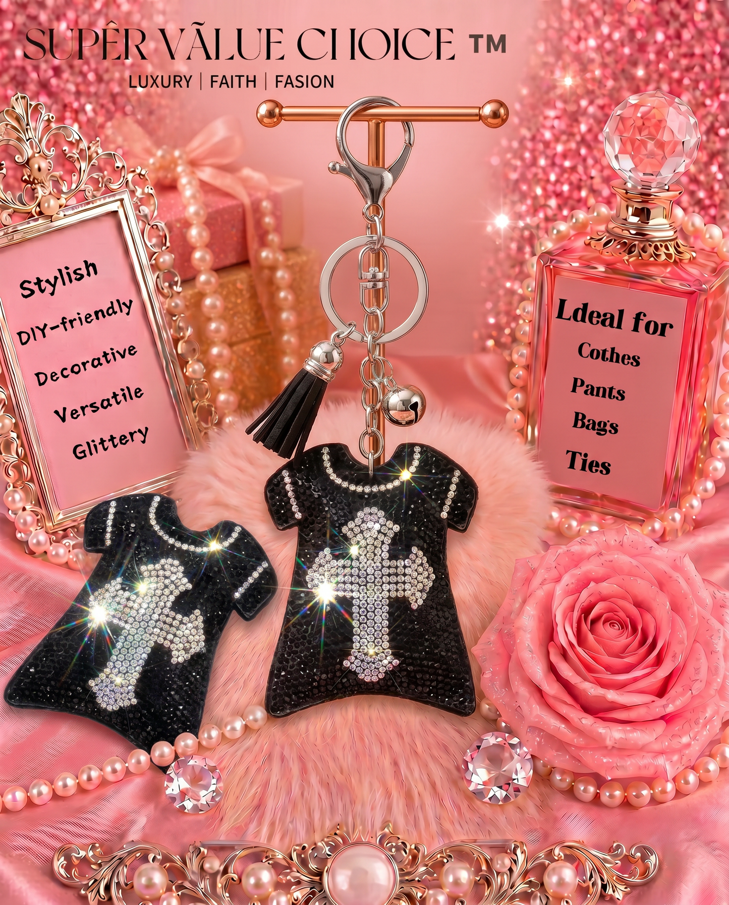 SUPERVALUECHOICE HCSESA00046 Sparkly Rhinestone Cross T-shirt Keychain & Brooch