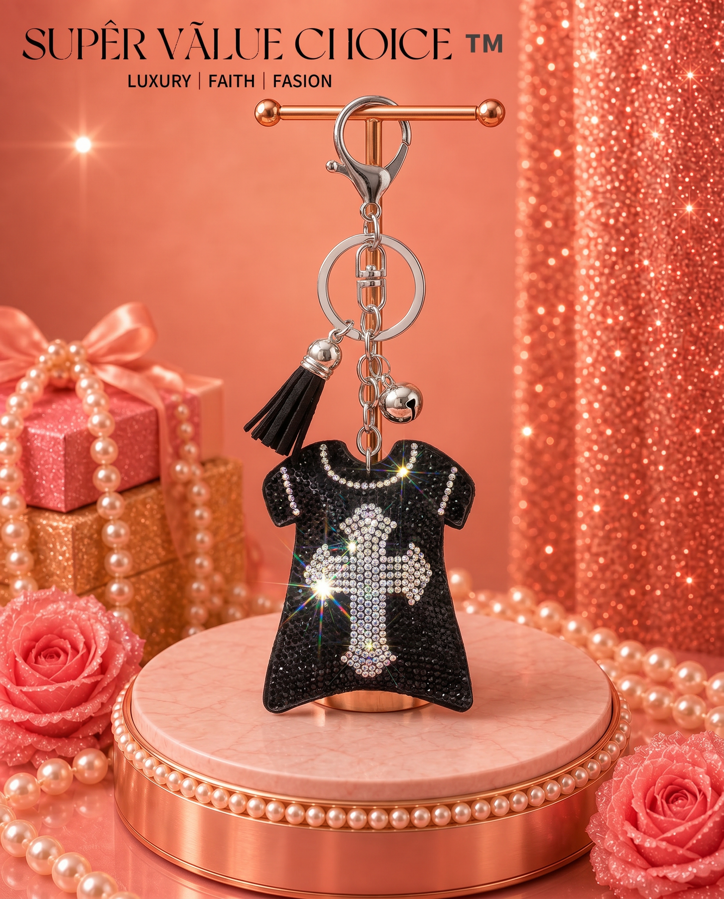 SUPERVALUECHOICE HCSESA00046 Sparkly Rhinestone Cross T-shirt Keychain & Brooch