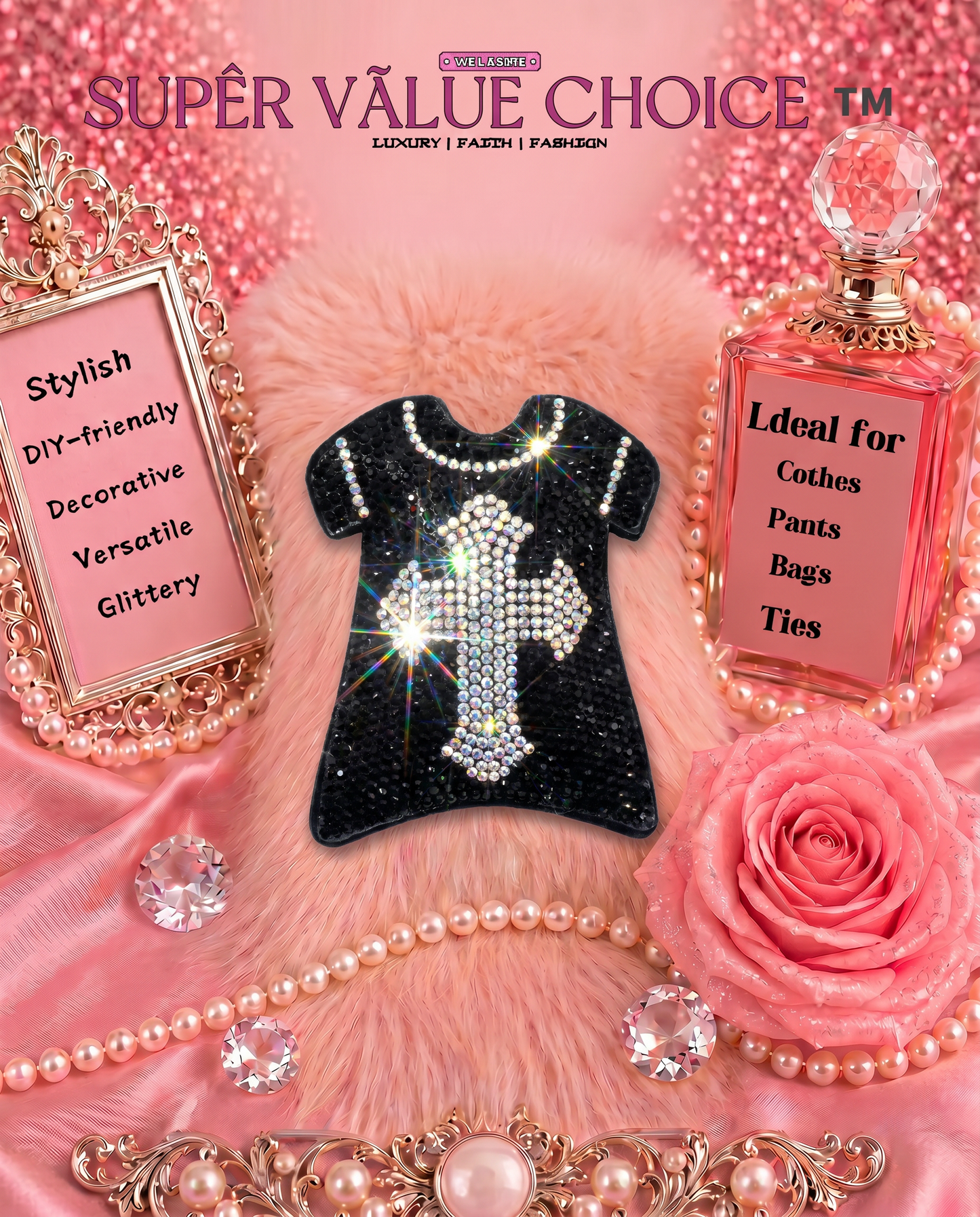 SUPERVALUECHOICE HCSESA00046 Sparkly Rhinestone Cross T-shirt Keychain & Brooch